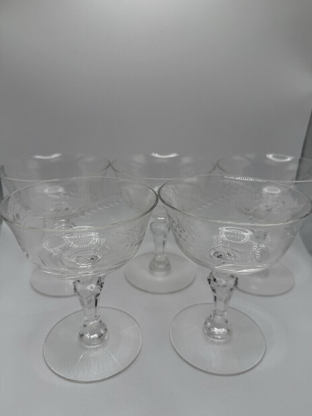 Vintage MCM (5) Champagne Coupe Etched Glasses Cut Glass Floral Housewarming